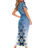 New Zealand Short Sleeve Bodycon Dress Poutama Mix Blue Taniko Inspired Art LT05 - Polynesian Pride