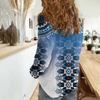 New Zealand Women Casual Shirt Poutama Mix Blue Taniko Inspired Art LT05