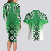 New Zealand Couples Matching Long Sleeve Bodycon Dress and Hawaiian Shirt Poutama Mix Green Taniko Inspired Art LT05 - Polynesian Pride