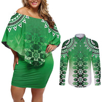 New Zealand Couples Matching Off Shoulder Short Dress and Long Sleeve Button Shirt Poutama Mix Green Taniko Inspired Art LT05 Green - Polynesian Pride