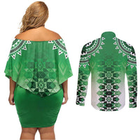 New Zealand Couples Matching Off Shoulder Short Dress and Long Sleeve Button Shirt Poutama Mix Green Taniko Inspired Art LT05 - Polynesian Pride