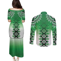 New Zealand Couples Matching Puletasi and Long Sleeve Button Shirt Poutama Mix Green Taniko Inspired Art LT05 - Polynesian Pride