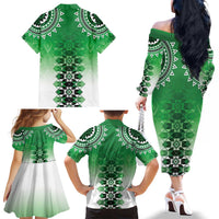 New Zealand Family Matching Off The Shoulder Long Sleeve Dress and Hawaiian Shirt Poutama Mix Green Taniko Inspired Art LT05 - Polynesian Pride