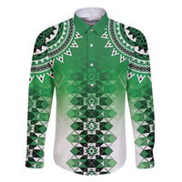 New Zealand Family Matching Off The Shoulder Long Sleeve Dress and Hawaiian Shirt Poutama Mix Green Taniko Inspired Art LT05 Dad's Shirt - Long Sleeve Green - Polynesian Pride