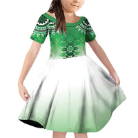 New Zealand Family Matching Off Shoulder Short Dress and Hawaiian Shirt Poutama Mix Green Taniko Inspired Art LT05 Daughter's Dress Green - Polynesian Pride