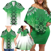 New Zealand Family Matching Off Shoulder Short Dress and Hawaiian Shirt Poutama Mix Green Taniko Inspired Art LT05 - Polynesian Pride