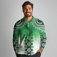 New Zealand Long Sleeve Polo Shirt Poutama Mix Green Taniko Inspired Art LT05 - Polynesian Pride