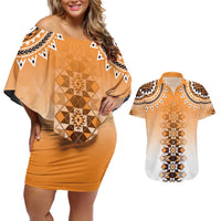 New Zealand Couples Matching Off Shoulder Short Dress and Hawaiian Shirt Poutama Mix Orange Taniko Inspired Art LT05 Orange - Polynesian Pride