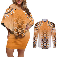 New Zealand Couples Matching Off Shoulder Short Dress and Long Sleeve Button Shirt Poutama Mix Orange Taniko Inspired Art LT05 Orange - Polynesian Pride