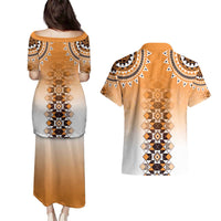 New Zealand Couples Matching Puletasi and Hawaiian Shirt Poutama Mix Orange Taniko Inspired Art LT05 - Polynesian Pride