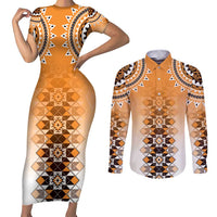 New Zealand Couples Matching Short Sleeve Bodycon Dress and Long Sleeve Button Shirt Poutama Mix Orange Taniko Inspired Art LT05 Orange - Polynesian Pride