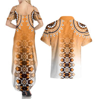 New Zealand Couples Matching Summer Maxi Dress and Hawaiian Shirt Poutama Mix Orange Taniko Inspired Art LT05 - Polynesian Pride