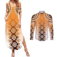 New Zealand Couples Matching Summer Maxi Dress and Long Sleeve Button Shirt Poutama Mix Orange Taniko Inspired Art LT05 Orange - Polynesian Pride