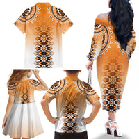 New Zealand Family Matching Off The Shoulder Long Sleeve Dress and Hawaiian Shirt Poutama Mix Orange Taniko Inspired Art LT05 - Polynesian Pride
