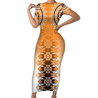 New Zealand Family Matching Short Sleeve Bodycon Dress and Hawaiian Shirt Poutama Mix Orange Taniko Inspired Art LT05 Mom's Dress Orange - Polynesian Pride