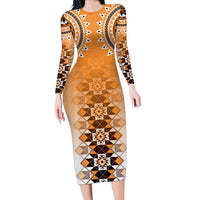 New Zealand Long Sleeve Bodycon Dress Poutama Mix Orange Taniko Inspired Art LT05 Long Dress Orange - Polynesian Pride