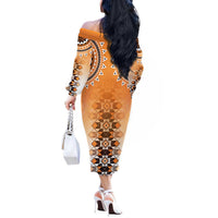 New Zealand Off The Shoulder Long Sleeve Dress Poutama Mix Orange Taniko Inspired Art LT05 - Polynesian Pride