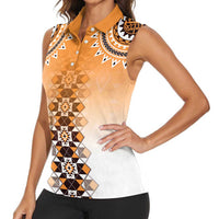 New Zealand Women Sleeveless Polo Shirt Poutama Mix Orange Taniko Inspired Art LT05 - Polynesian Pride