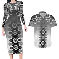 New Zealand Couples Matching Long Sleeve Bodycon Dress and Hawaiian Shirt Poutama Mix Gray Taniko Inspired Art LT05 Gray - Polynesian Pride