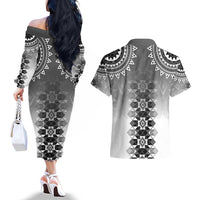 New Zealand Couples Matching Off The Shoulder Long Sleeve Dress and Hawaiian Shirt Poutama Mix Gray Taniko Inspired Art LT05 - Polynesian Pride