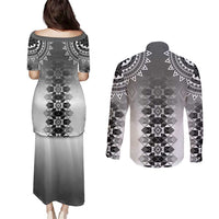 New Zealand Couples Matching Puletasi and Long Sleeve Button Shirt Poutama Mix Gray Taniko Inspired Art LT05 - Polynesian Pride