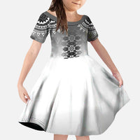 New Zealand Family Matching Off The Shoulder Long Sleeve Dress and Hawaiian Shirt Poutama Mix Gray Taniko Inspired Art LT05 Daughter's Dress Gray - Polynesian Pride