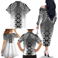 New Zealand Family Matching Off The Shoulder Long Sleeve Dress and Hawaiian Shirt Poutama Mix Gray Taniko Inspired Art LT05 - Polynesian Pride