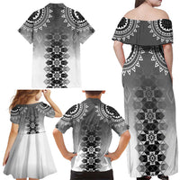 New Zealand Family Matching Off Shoulder Maxi Dress and Hawaiian Shirt Poutama Mix Gray Taniko Inspired Art LT05 - Polynesian Pride