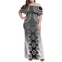 New Zealand Family Matching Off Shoulder Maxi Dress and Hawaiian Shirt Poutama Mix Gray Taniko Inspired Art LT05 Mom's Dress Gray - Polynesian Pride