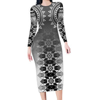 New Zealand Long Sleeve Bodycon Dress Poutama Mix Gray Taniko Inspired Art LT05 Long Dress Gray - Polynesian Pride