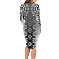 New Zealand Long Sleeve Bodycon Dress Poutama Mix Gray Taniko Inspired Art LT05 - Polynesian Pride