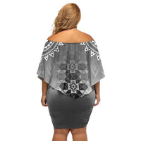 New Zealand Off Shoulder Short Dress Poutama Mix Gray Taniko Inspired Art LT05 - Polynesian Pride
