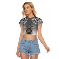 New Zealand Raglan Cropped T Shirt Poutama Mix Gray Taniko Inspired Art LT05 Female Gray - Polynesian Pride