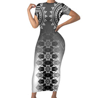 New Zealand Short Sleeve Bodycon Dress Poutama Mix Gray Taniko Inspired Art LT05 Long Dress Gray - Polynesian Pride
