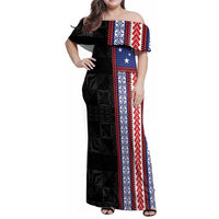 Samoa Flag Family Matching Off Shoulder Maxi Dress and Hawaiian Shirt Ula Fala With Samoan Siapo LT05 Mom's Dress Black - Polynesian Pride