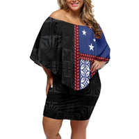 Samoa Flag Family Matching Off Shoulder Short Dress and Hawaiian Shirt Ula Fala With Samoan Siapo LT05 Mom's Dress Black - Polynesian Pride