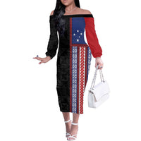 Samoa Flag Off The Shoulder Long Sleeve Dress Ula Fala With Samoan Siapo - Polynesian Pride