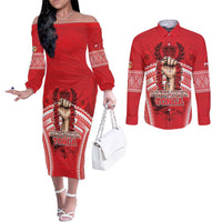 Custom Tonga Rugby Mate Ma'a Couples Matching Off The Shoulder Long Sleeve Dress and Long Sleeve Button Shirt Tongan Pride Unique Style LT05 Red - Polynesian Pride