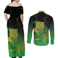 New Zealand Aotearoa Ruru Couples Matching Off Shoulder Maxi Dress and Long Sleeve Button Shirt Maori Fern Art Green LT05 - Polynesian Pride