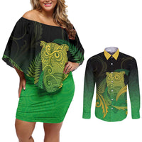 New Zealand Aotearoa Ruru Couples Matching Off Shoulder Short Dress and Long Sleeve Button Shirt Maori Fern Art Green LT05 Green - Polynesian Pride