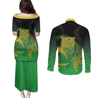 New Zealand Aotearoa Ruru Couples Matching Puletasi and Long Sleeve Button Shirt Maori Fern Art Green LT05 - Polynesian Pride