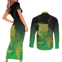 New Zealand Aotearoa Ruru Couples Matching Short Sleeve Bodycon Dress and Long Sleeve Button Shirt Maori Fern Art Green LT05 - Polynesian Pride