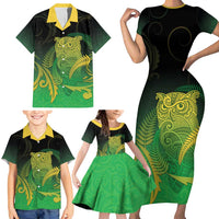 New Zealand Aotearoa Ruru Family Matching Short Sleeve Bodycon Dress and Hawaiian Shirt Maori Fern Art Green LT05 - Polynesian Pride