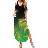New Zealand Aotearoa Ruru Family Matching Summer Maxi Dress and Hawaiian Shirt Maori Fern Art Green LT05 Mom's Dress Green - Polynesian Pride