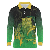 New Zealand Aotearoa Ruru Long Sleeve Polo Shirt Maori Fern Art Green LT05 Green - Polynesian Pride