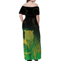 New Zealand Aotearoa Ruru Off Shoulder Maxi Dress Maori Fern Art Green LT05 - Polynesian Pride