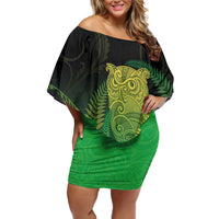 New Zealand Aotearoa Ruru Off Shoulder Short Dress Maori Fern Art Green LT05 Women Green - Polynesian Pride
