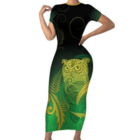 New Zealand Aotearoa Ruru Short Sleeve Bodycon Dress Maori Fern Art Green LT05 Long Dress Green - Polynesian Pride