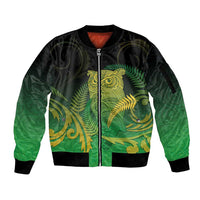 New Zealand Aotearoa Ruru Sleeve Zip Bomber Jacket Maori Fern Art Green LT05 Unisex Green - Polynesian Pride