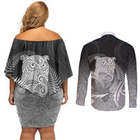 New Zealand Aotearoa Ruru Couples Matching Off Shoulder Short Dress and Long Sleeve Button Shirt Maori Fern Art Black LT05 - Polynesian Pride